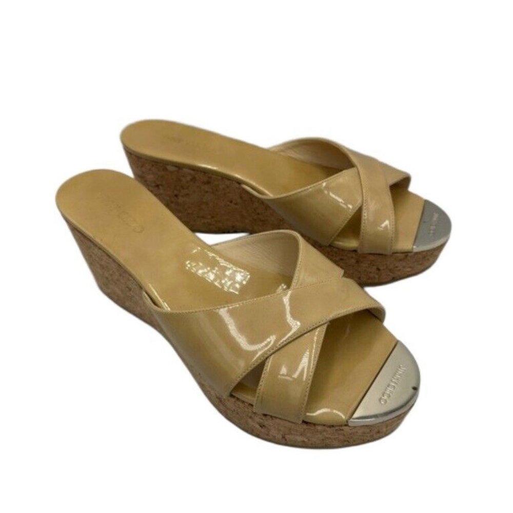 Jimmy Choo Beige Patent Cork Wedge Sandals with Silver Toe Accent